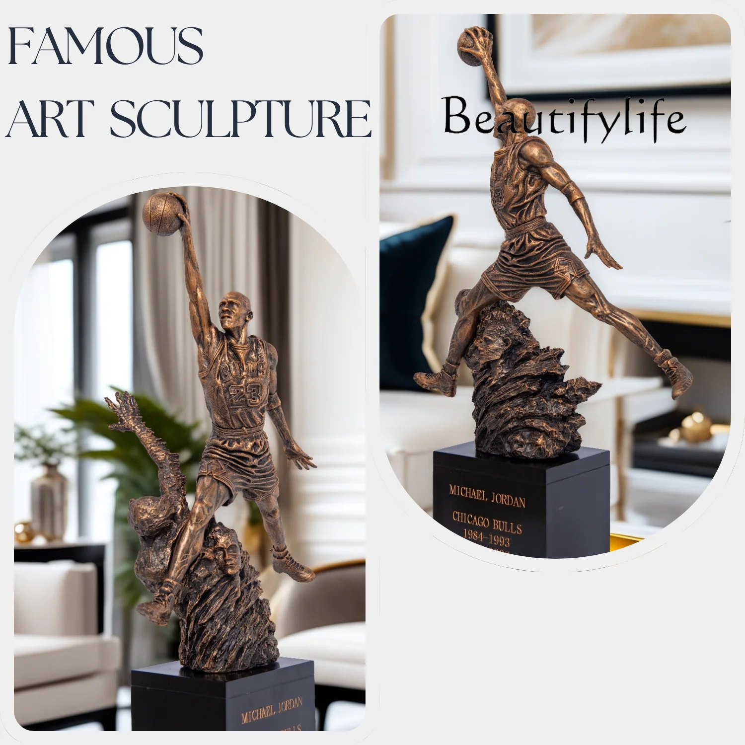 Escultura de resina de Michael Jordan 23 de 50cm, estatuas de resina de arte hechas a mano, estatuas con acabado en bronce, regalo de decoración artística para el hogar