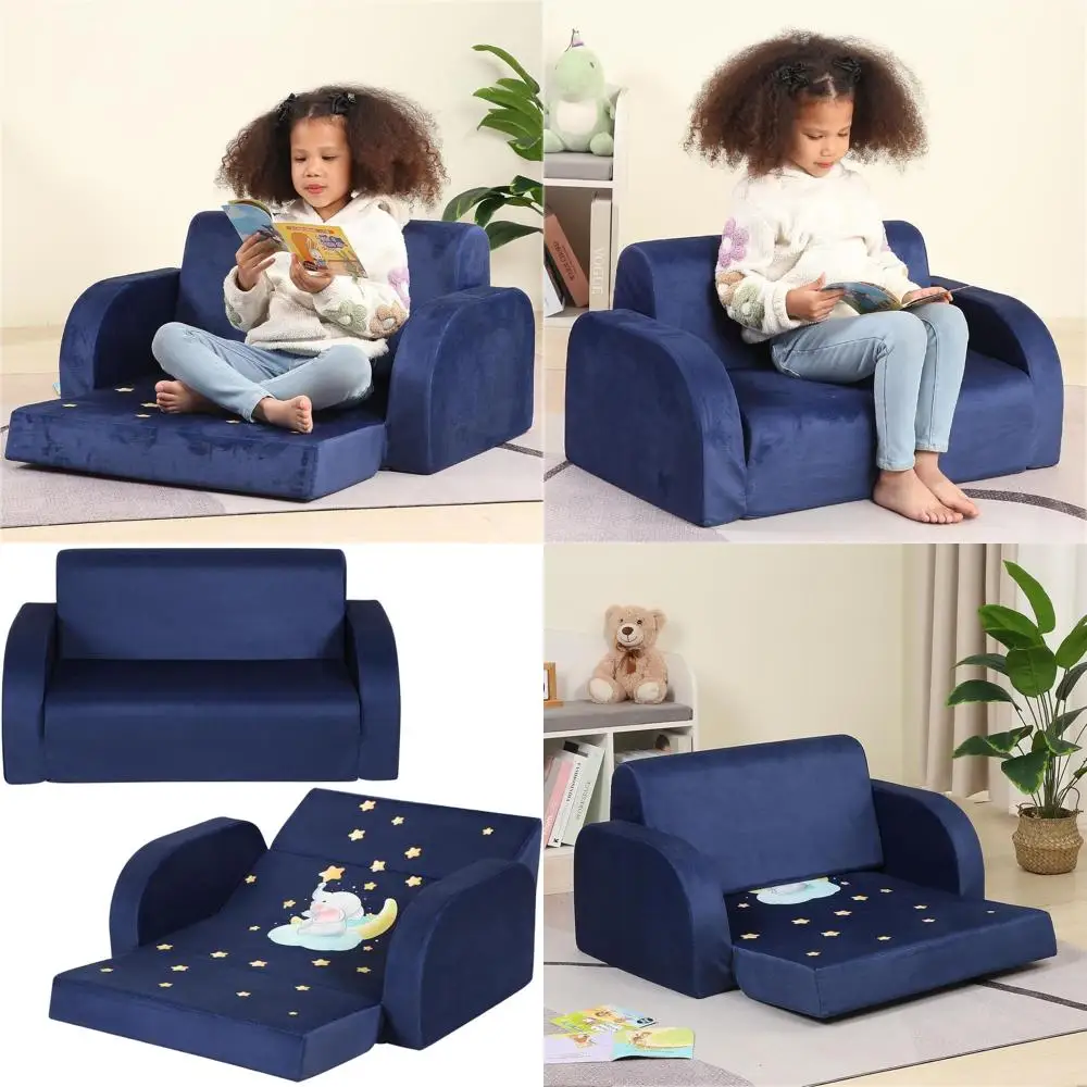 

Convertible 3-Way Toddler Sofa, Velvet Navy Blue, Wide and Cozy Kids Lounge