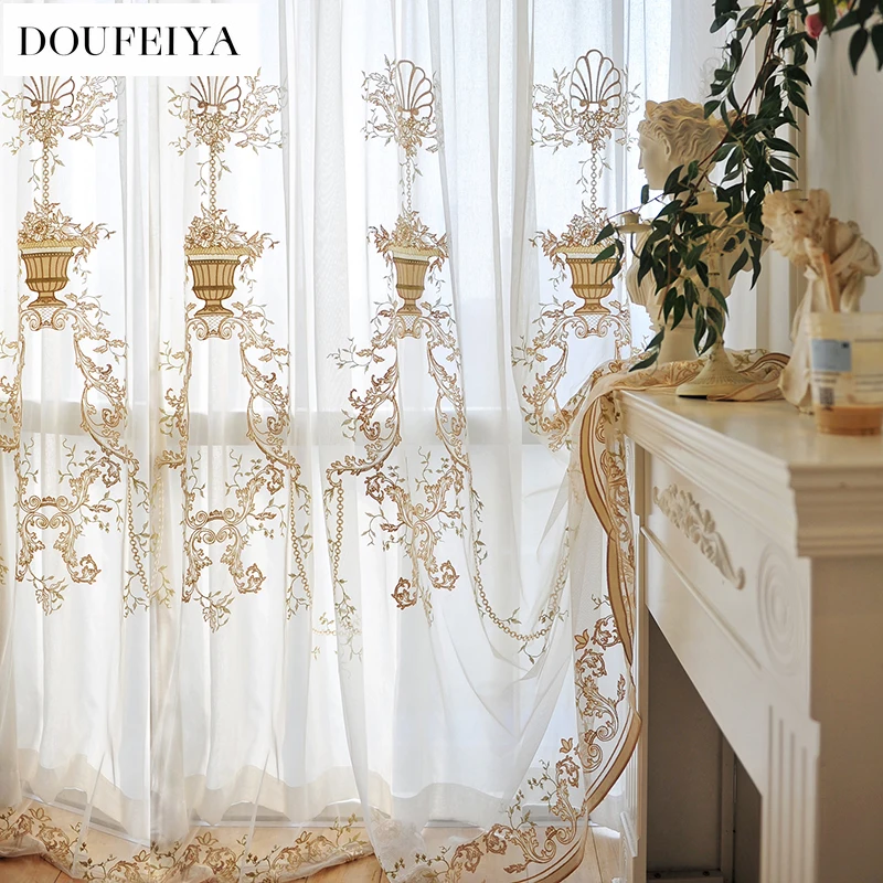 

Custom Size American High-end Imported Window Flocking Semi-shading Villa White Tulle Curtains for Living Dining Room Bedroom
