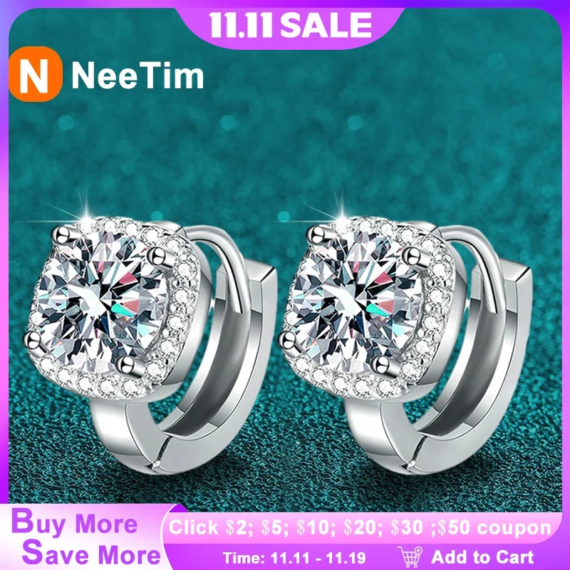 

Женские серьги NeeTim с муассанитом 1 карат, стерлинговое серебро S925 с позолоченными 18-каратными серьгами-кольцами, свадебные украшения с сертификатом