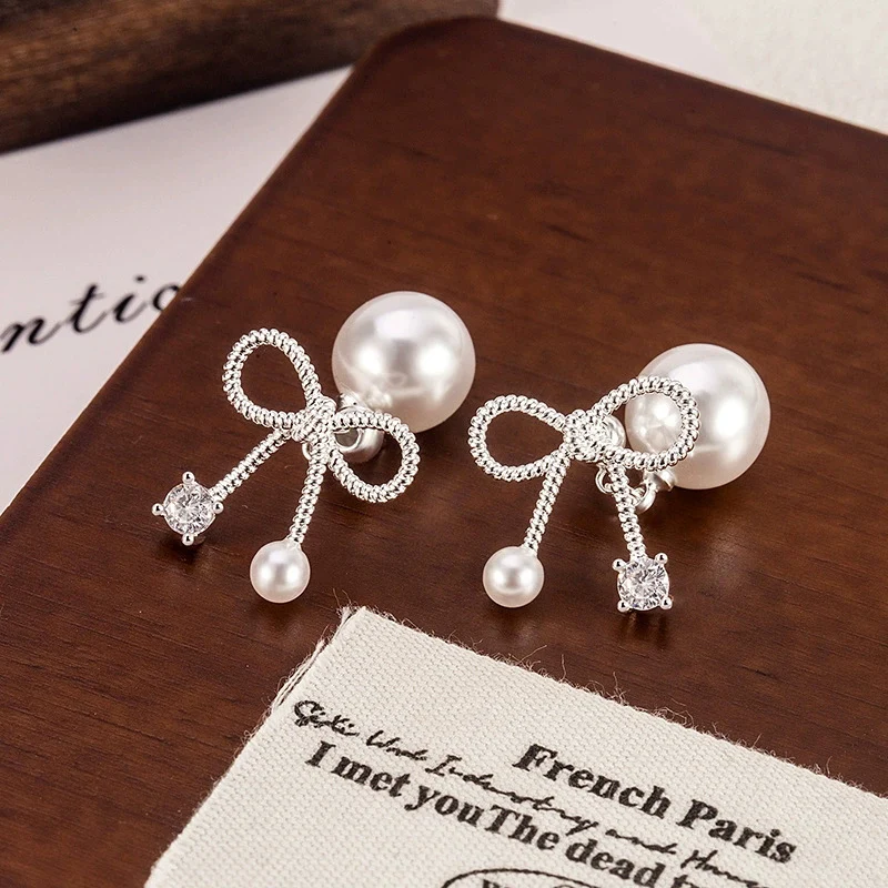 Sweet and chic Simple Bow Pearl Stud Earrings Unique Featuring a Rear-hanging Style Earring Elegance Jewelry For Women KOFSAC