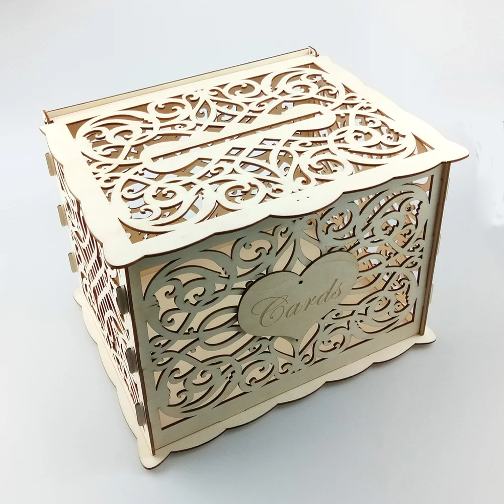 Wooden Cards Case Hollow-out Letter Box Rustic Check-in Box Storage Container for Banquet Home Party Pattern 4