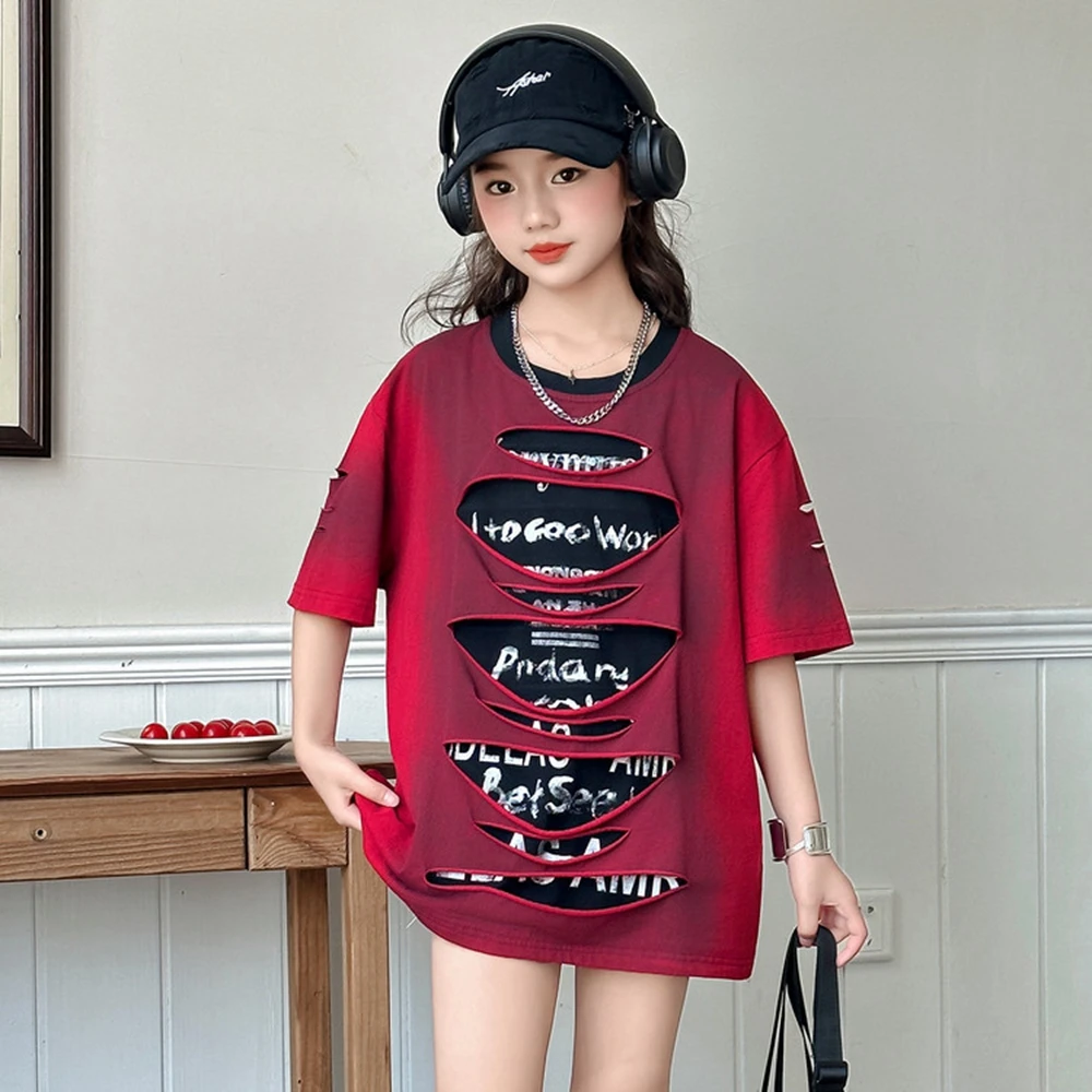 

Teens Girls Summer Hip Hop Street Ripped T-shirt for Stylish Kids High Fashion Streetwear Tshirt Child Destroyed Broken Tee Tops