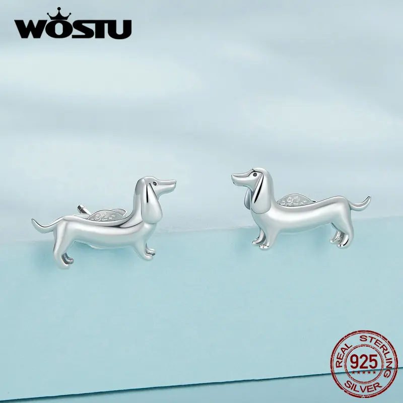 WOSTU 925 Sterling Silver Dachshund Dog Earrings Lovely Pet Animal Ear Studs for Women Original Fine Jewelry Set Cute Daily Gift