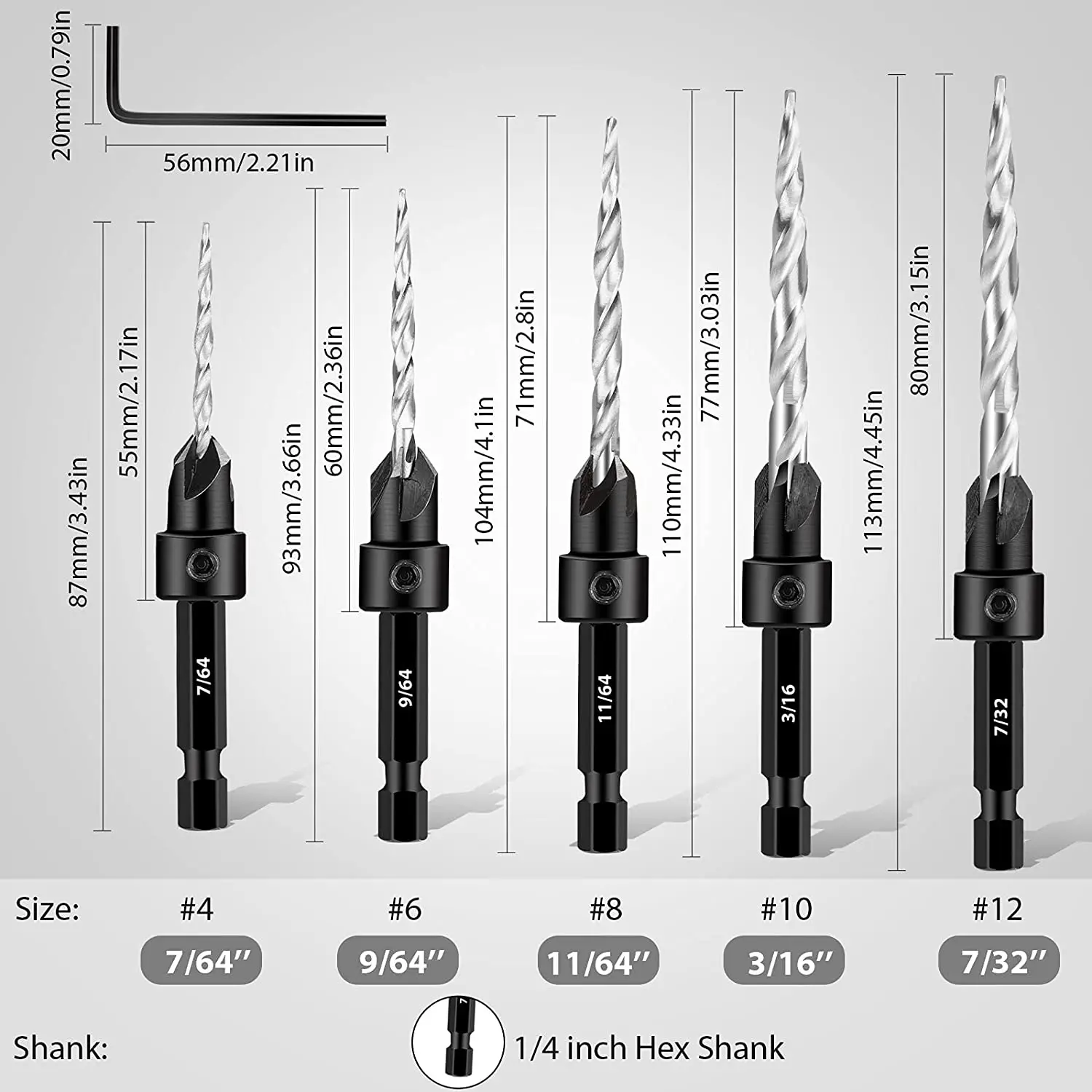 Binoax Wood Countersink Drill Bit Set SAE Tapered Drill with 1/4\