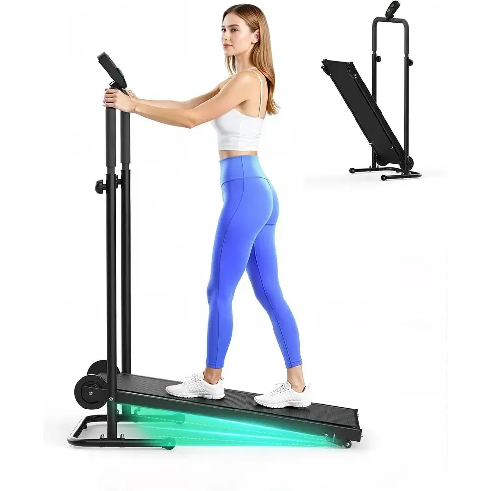 Compact Foldable Manual Treadmill with Dual Wheels, Mixed Incline, LCD Monitor, Non-Slip Belt, and Soft Grips for Home/Gym Use