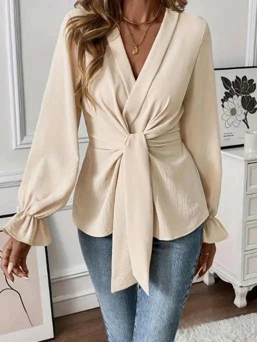 

Women's Top Spring\summer New French Elegant Style Solid Color Simple V-Neck Straightening Waist Crepe Fabric Lantern Sleeve Top