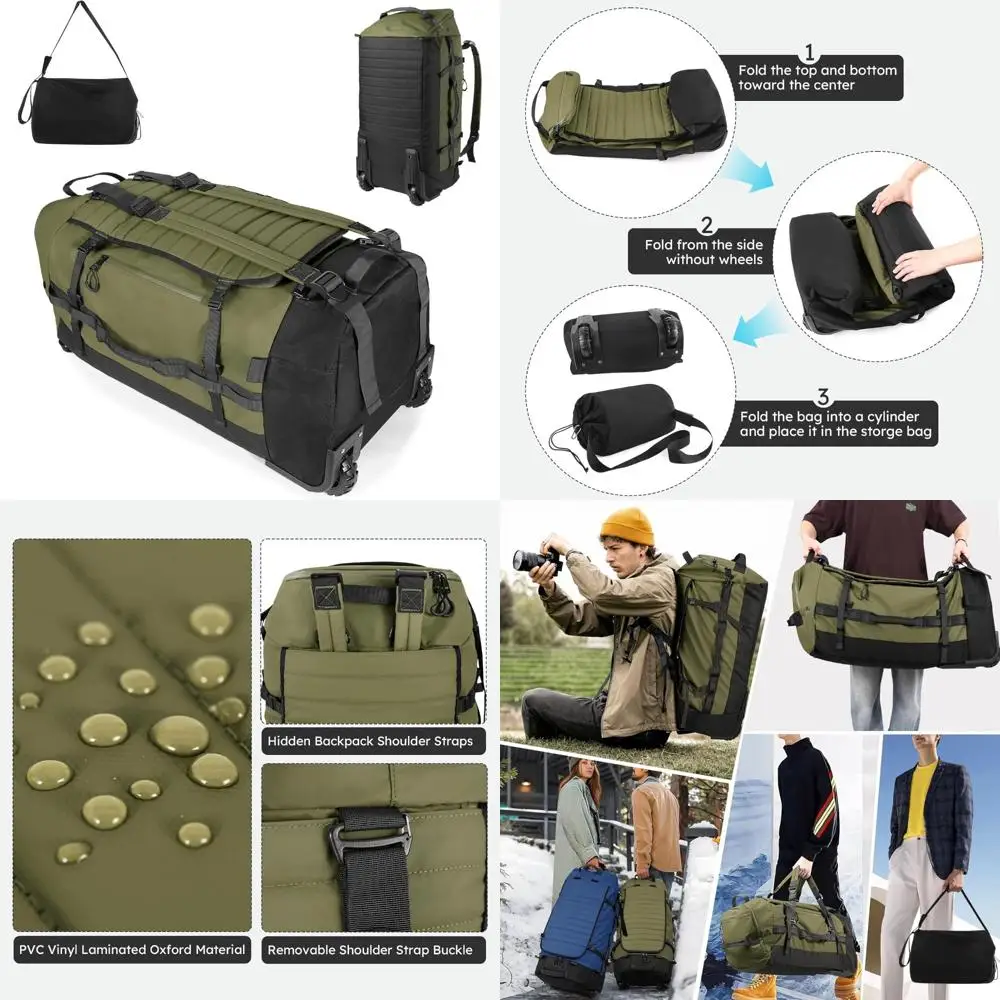 حقيبة واق من المطر قابلة للطي مقاس 86 لتر مقاس 30 بوصة باللون الأخضر العسكري مع عجلات وحجرة للأحذية للسفر
