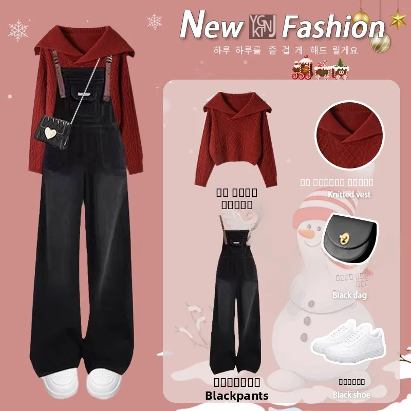 

Комплект из двух предметов в корейском стиле: свитер и комбинезон. Новогодний женский модный ансамбль в студенческом стиле: лонгслив с V-образным вырезом и длинные брюки.