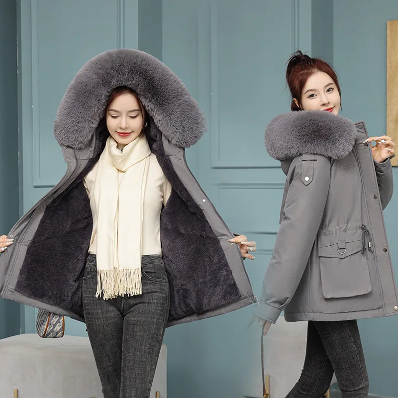 

Soft Cotton Parka Women's Thiened Winter Coat Large Fur Collar Slimming Waist Design Trendy Korean Sle Knitted Jaet