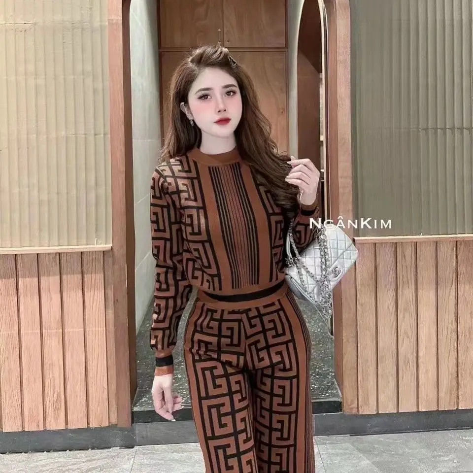 2024 Women's New Fashion Maze Print Knitted Top + Wide Leg Pants Casual Comfort Set Temperament Commuter Two-piece Set