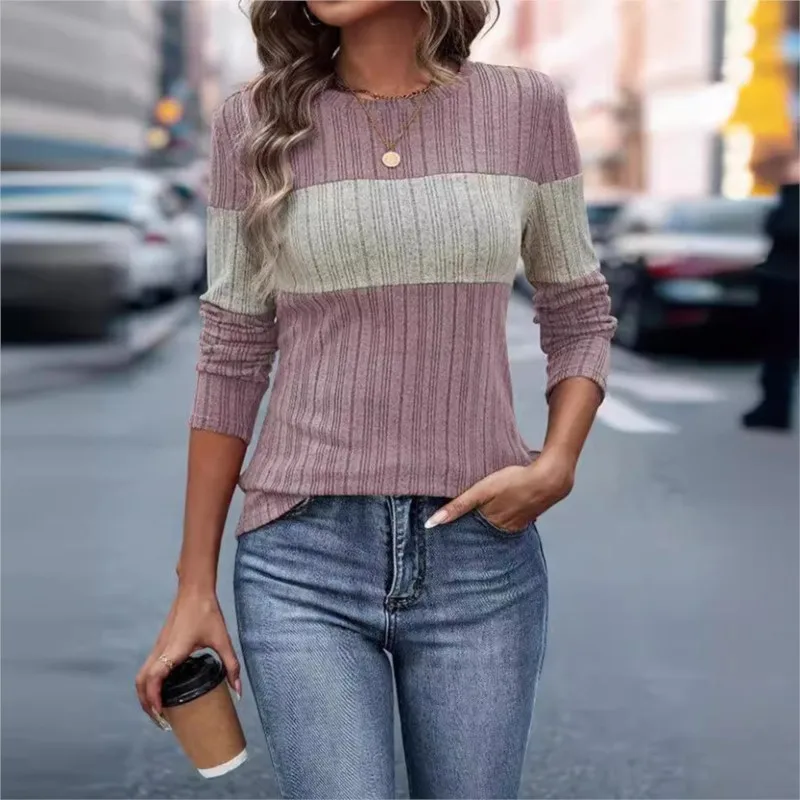 Women's Tops Autumn New Color Splicing Crew-neck Long Sleeve Top T-shirt Elegant Vintage Striped Slim Casual Winte Women Clothes