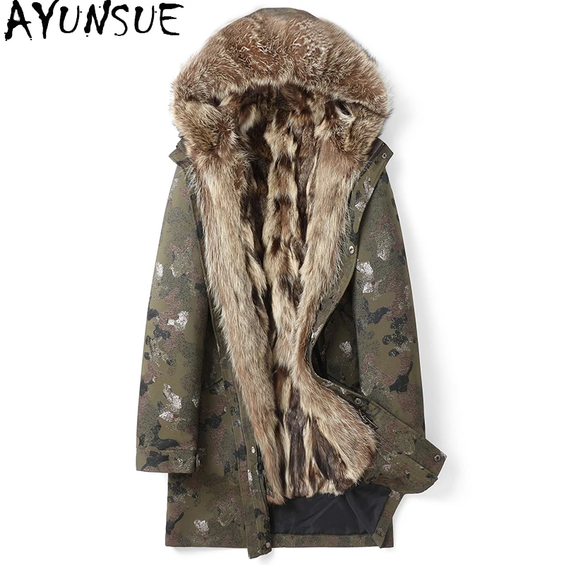 

AYUNSUE пальто из натурального меха, мужские парки, съемная куртка с подкладкой из меха енота для мужчин, зимняя модная теплая шуба средней длины с капюшоном