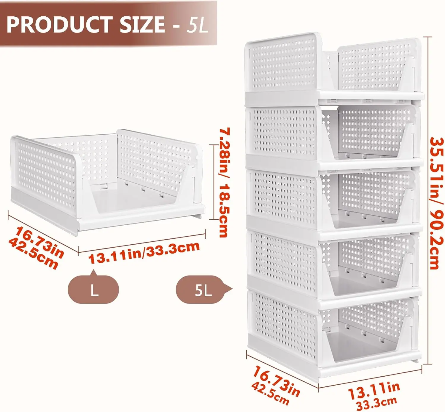 5-Pack Stackable Storage Bins, Plastic Drawer Organizers for Wardrobe Kitchen Office, White