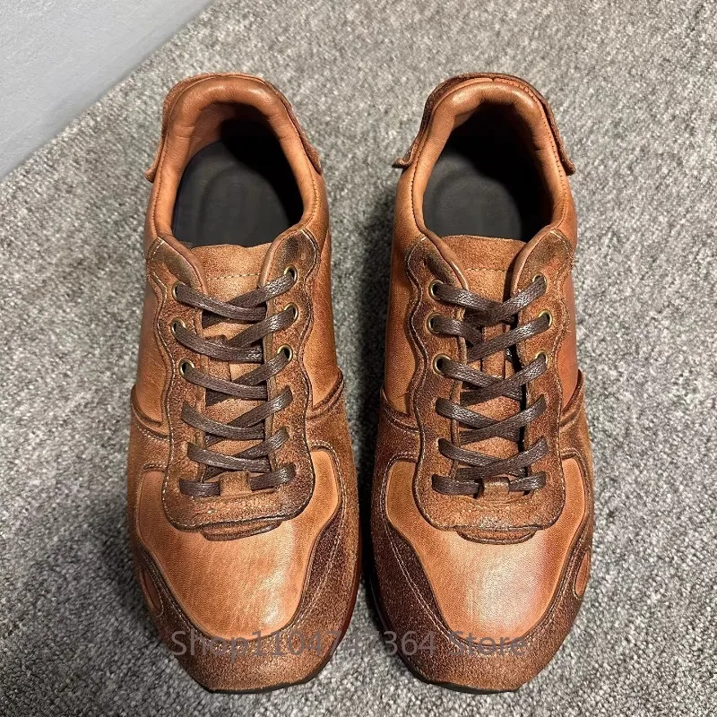 Classic Retro Genuine Leather Men's Leather Shoes Lace Up Casual Brown Sports Shoes Male Thick Sole Work Oxfords Youth