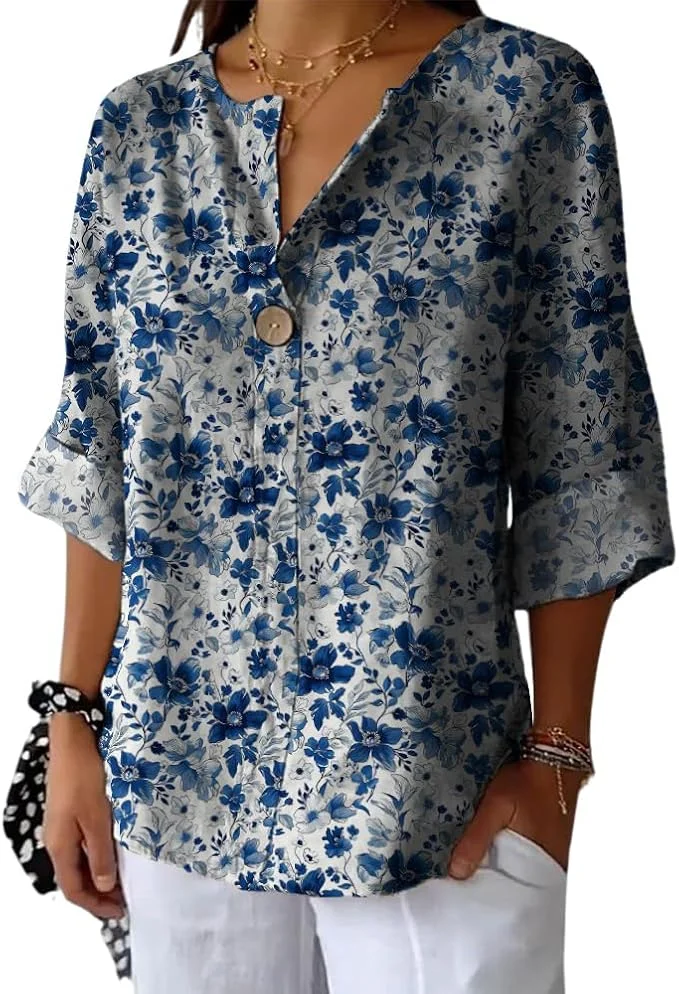 

Womens 3/4 Sleeve Tops Dressy Casual Floral Print V Neck Lightweight Button Summer Vacation Tunic Shirts