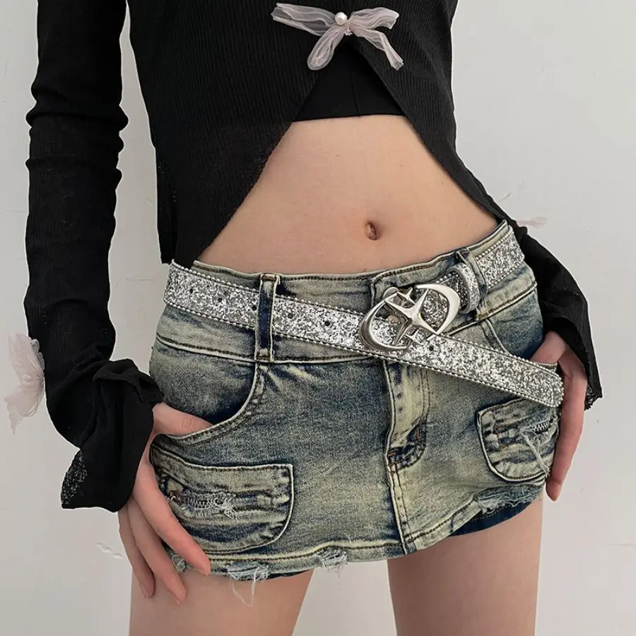 Y2k Bling Star Rhinestone Belt Women's Brand Luxury Sequin Punk Metal Buckle Belt Fashion Waistband Jeans Pants Decor Belt