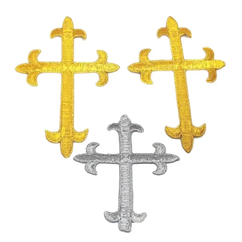 5Pcs Gold Jesus Crosses Embroidery Patches Lace Fabric Decoration Church Appliqued Lace Trims Iron On Badges Hat Bag Shoe Decor