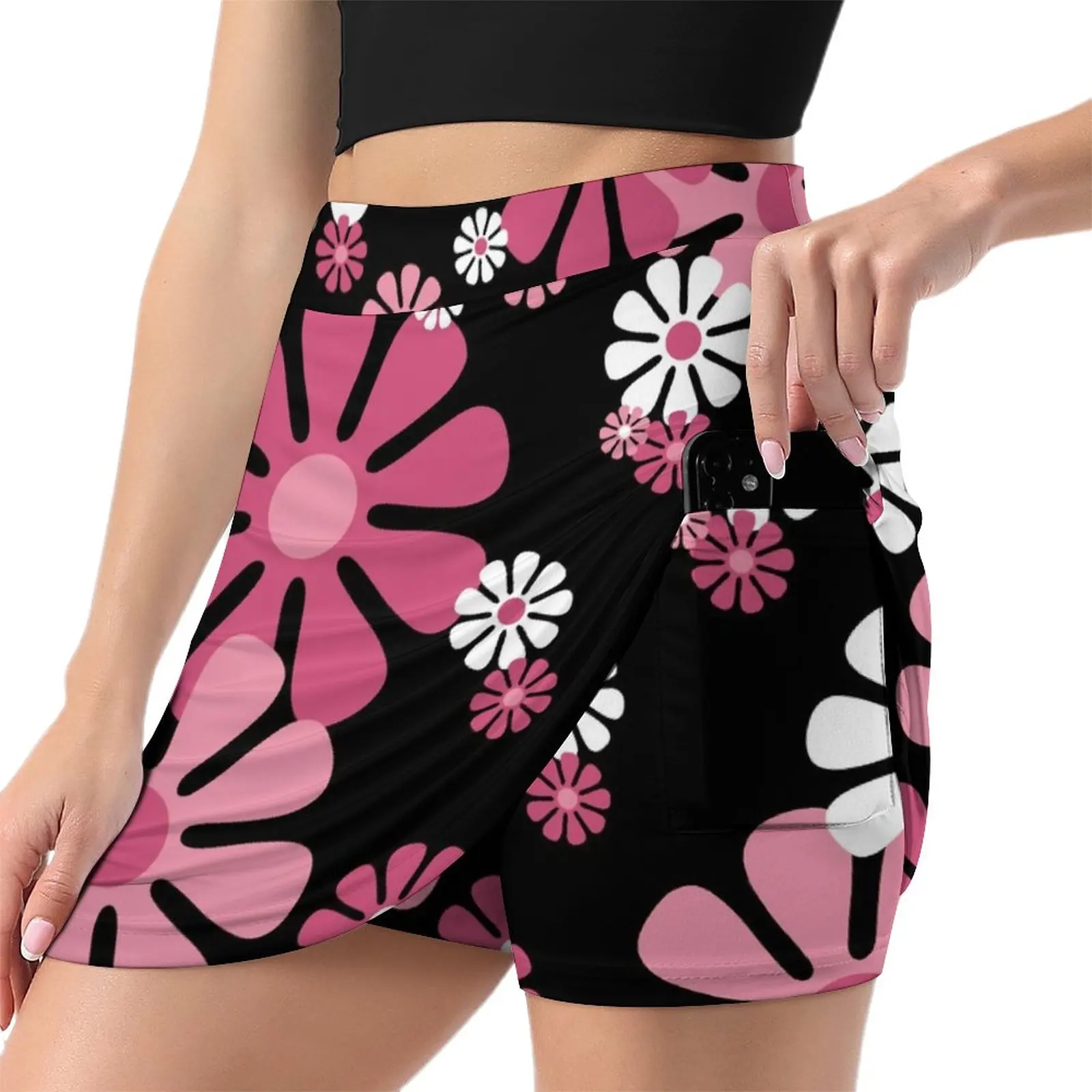 1960's Retro Flowers in Pink and White - Mod Abstract Light proof trouser skirt Short skirt woman