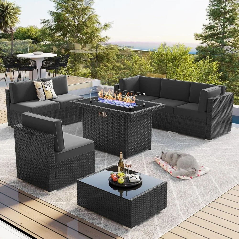 

8 Piece Patio Furniture Set with 44" Gas Fire Pit Table, Outdoor Conversation Set Wicker Rattan Sofa Set with Coffee Table