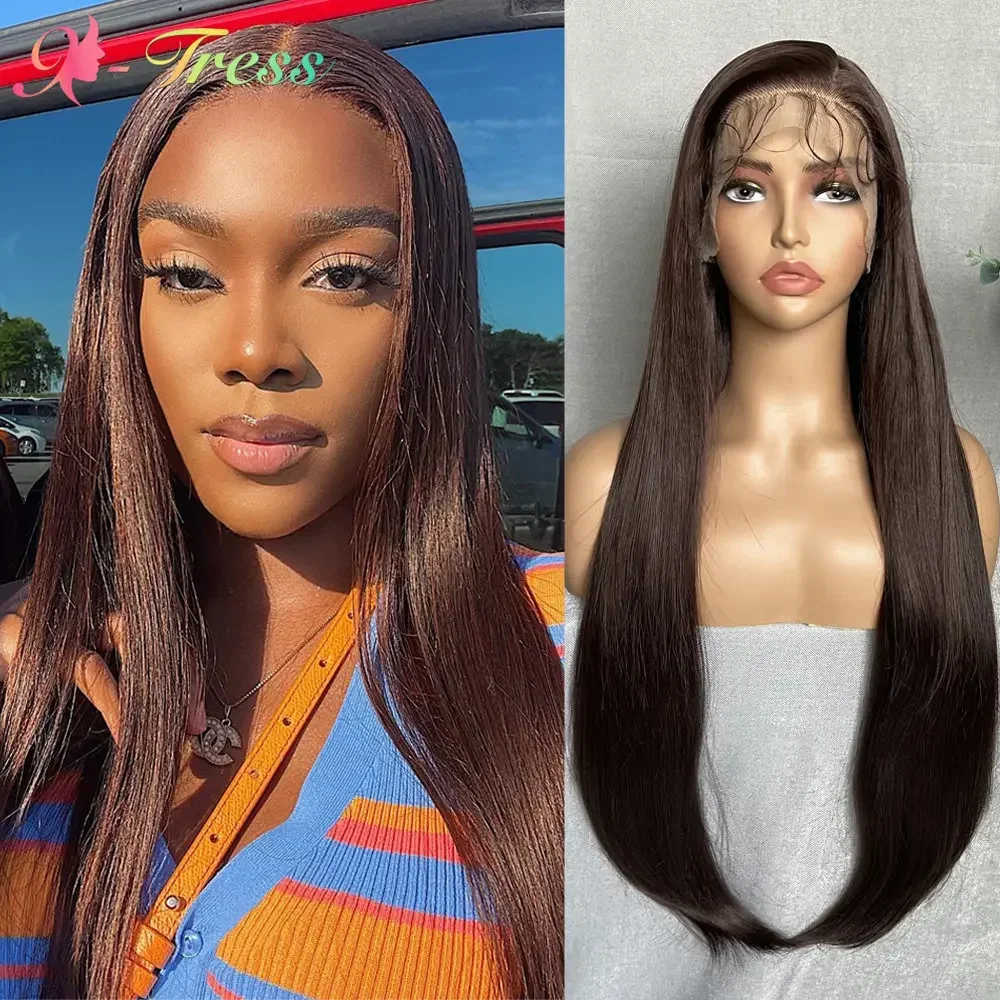 X-TRESS Brown Straight Lace Front Wigs for Black Women 32 Inch Synthetic 13x6 Lace Frontal Hair Wig Pre Plucked with Baby Hair