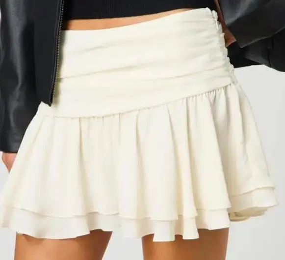 Women Mini Ruffle Skirt Solid Ruched Low Rise A-Line Layered Skirt For Beach Vacation Summer Party Daily Wear Streetwear