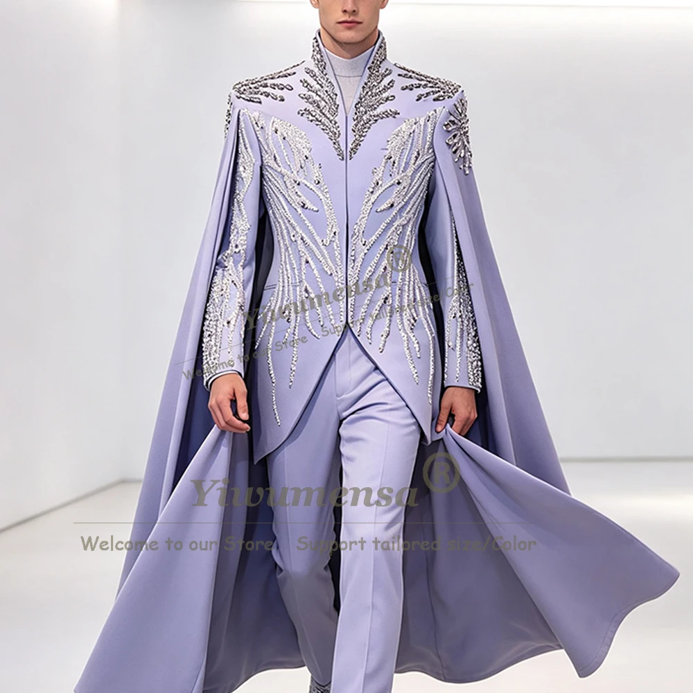 Luxury Men's Tuxedo Suit Customized Stand Collar Jacket With Cape Long Customized Man Dinner Party Clothing 2 Piece Ropa Hombre