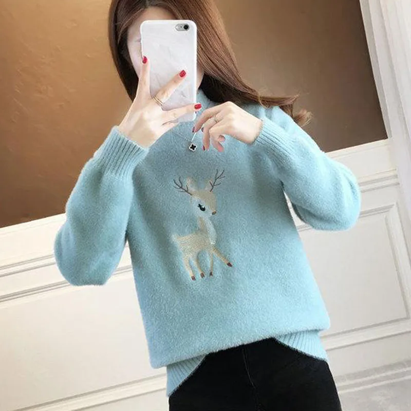 Biyaby Embroidery Deer Warm Jumpers Woman 2023 Autumn Winter Half High Collar Knit Sweater Women Korean Loose Long Sleeve Blouse