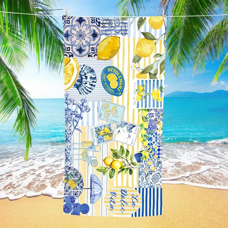 La Dolce Vita Blue Tile Lemon Seashell Stamp Collage Print Microfiber Quick Dry Amalfi Coast Citrus Themed Vacation Beach Towel