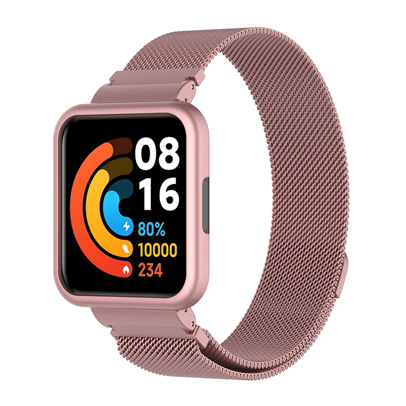 

For Xiaomi Redmi Watch 2 Lite Stainless Steel Band Milanese Magnetic Wrist Strap with Watch Case - Rose Pink