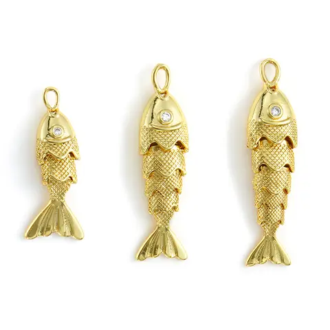 1 Piece Brass Ocean Jewelry Charms 18K Real Gold Plated Fish Animal Movable Clear Cubic Zirconia Pendant For DIY Necklace Making