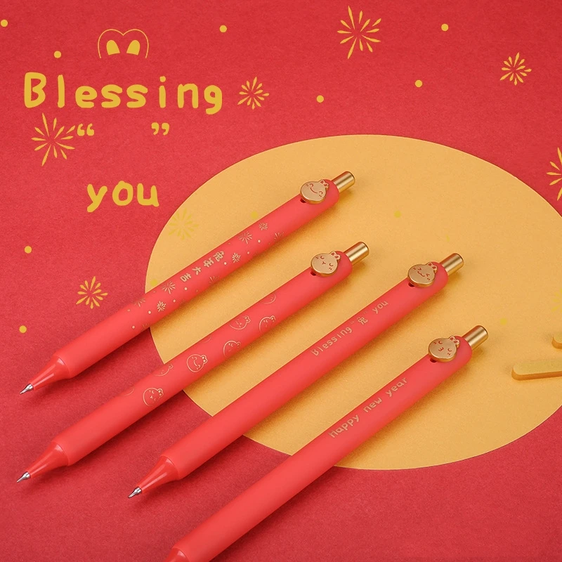 4pcs Happy New Year Gift Gel Pens Set Blessing Rabbit 0.42mm Ballpoint Quick Dry Black Color Ink Office School F7328