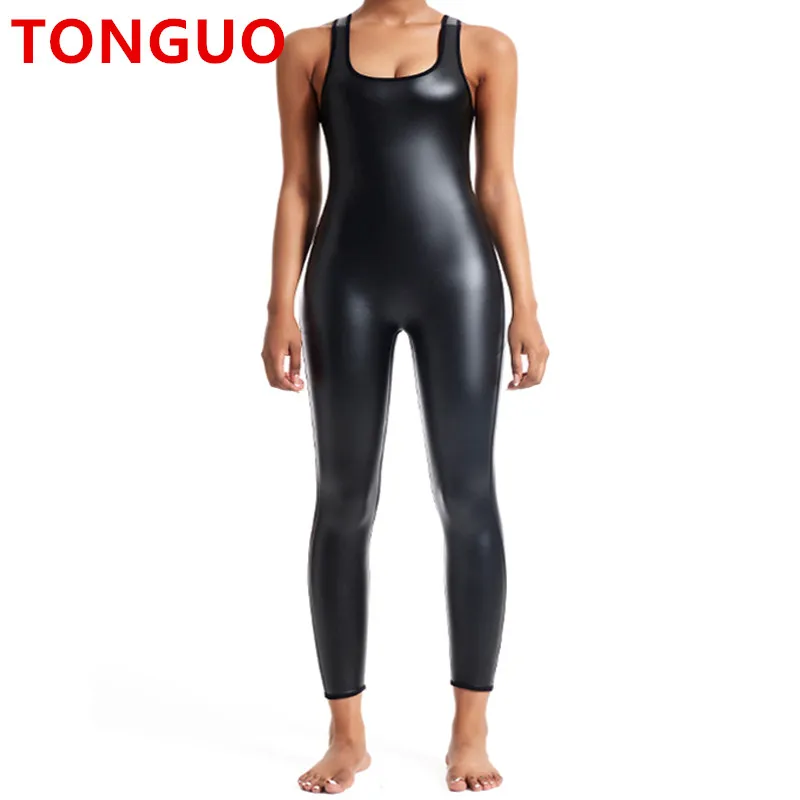 

TONGGUO One Piece Women Sexy Faux Leather Bodysuit Sporty Jumpsuit Raises Butt Girl Body Shaper Sport Suit Yoga Fitness Overalls