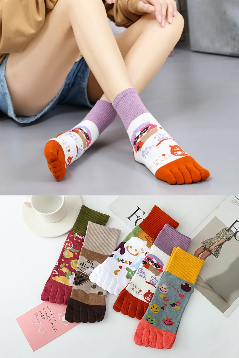 

Five-finger Socks Ladies Cartoon Cotton Toe Socks Girl Tube Cute Four Seasons Yoga Socks Set