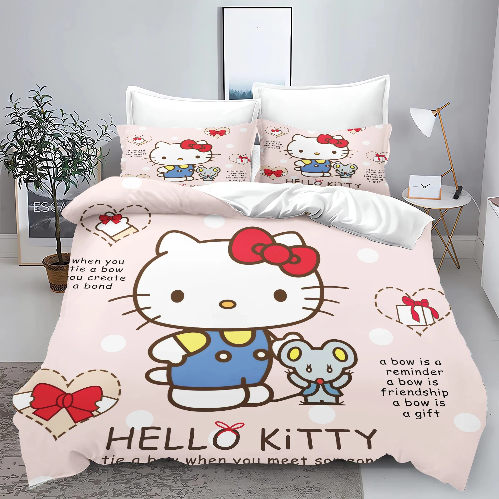 

Sanrio Hello Kitty Bedding Set 3Pcs Kawaii Duvet Cover with 2 Pillowcases Cute Cartoon Bedclothes for Girls Queen King Size