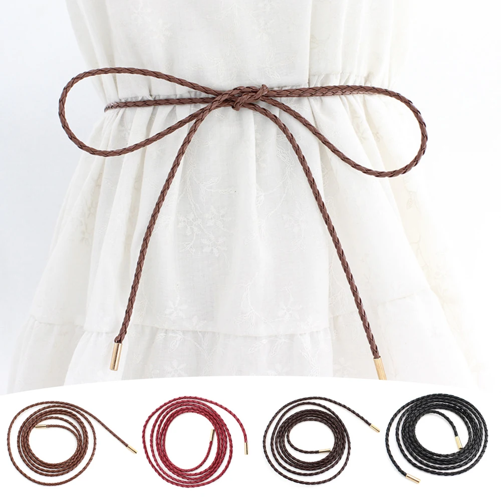 

160CM Long Faux Leather Braid Knotted Thin Waist Belt Women's Dresses String Waistband Elegant Coat Dress Waist Strap Decoration