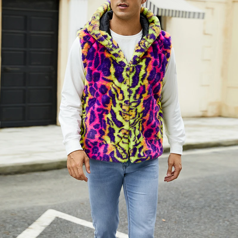 Gilet da uomo Casual primavera Leopard Print Cardigan con cappuccio in pelliccia sintetica per capispalla autunnali Streetwear