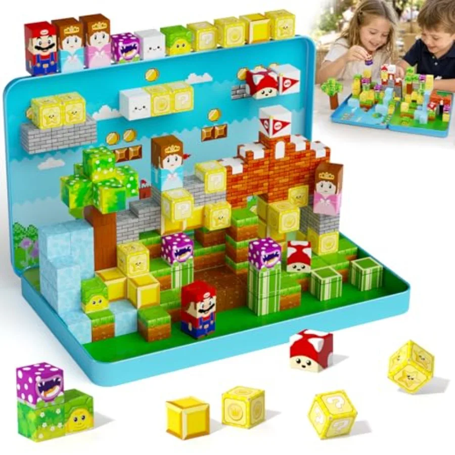 

Magnetic Blocks for Travel: 100PCS Portable Tin Tiles - Adventure Figures, Steel Grey, Quiet 40-50dB, 60-Min Play, Compact Car