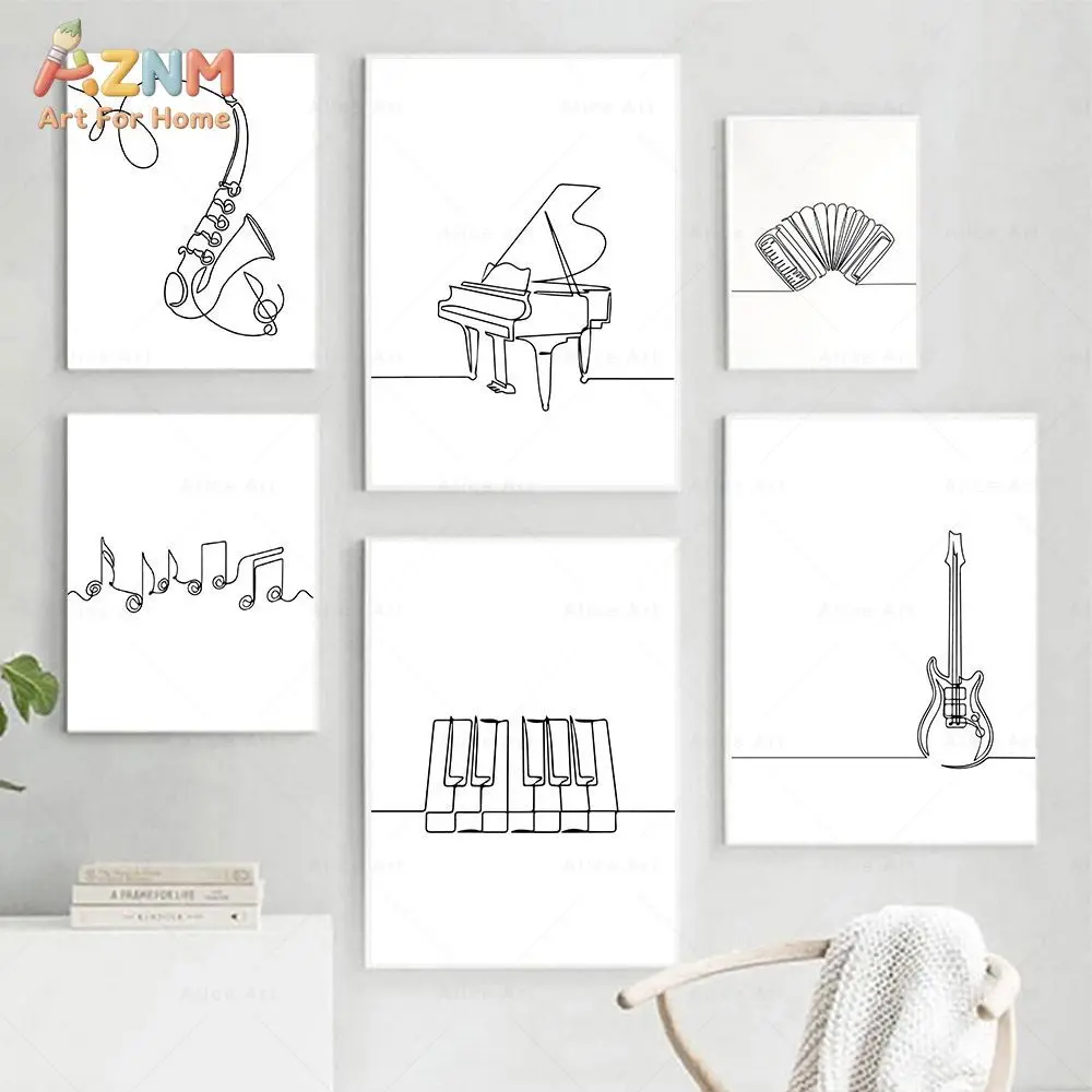 AZNM Minimalist Music Instrument Canvas Wall Art One Line Drawing Piano Guitar Saxophone Musical Note Print Frameless Canvas Pai