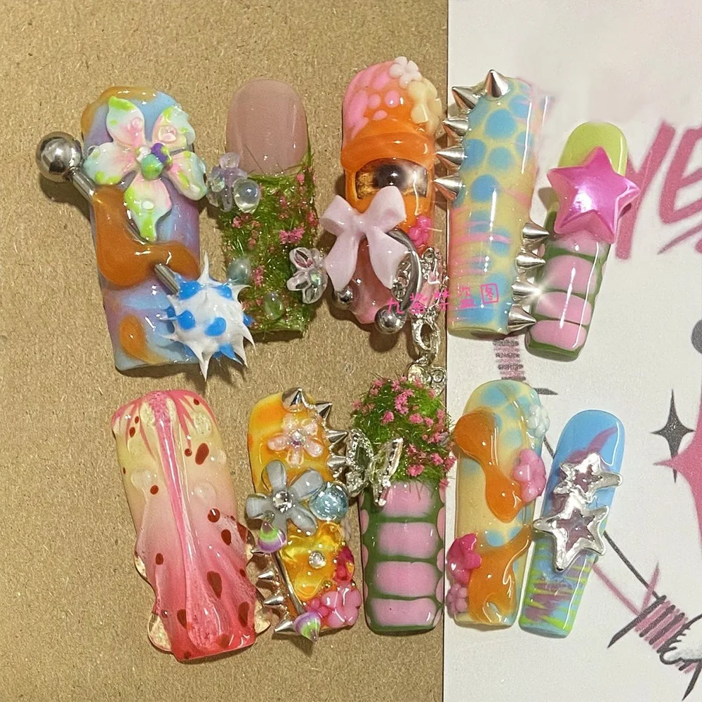 Retro Y2K Dot Flower Vine Diamond Star Nail Patch Glitter Line Musical Note Cute Rabbit Bowknot Fake Nail Birthday Gift Stickers