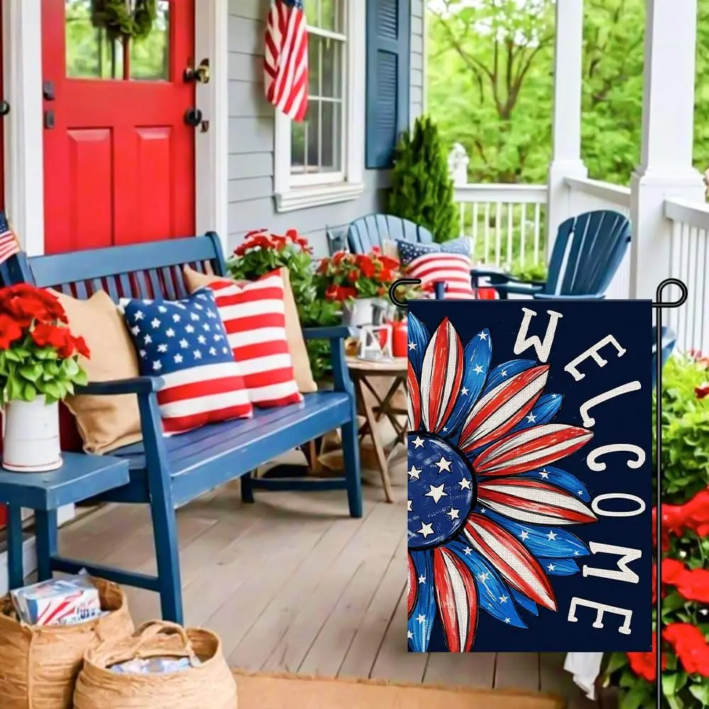Patriotic 4th of July Garden Flag 12x18 Inch Double Sided Outside, Memorial Day Independence Day Sign Floral Daisy Welcome S jjp