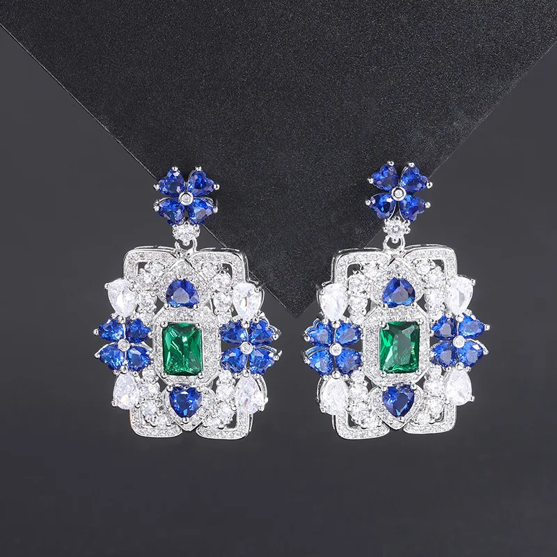 

Retro High Quality Blue Crystal Love Flower Square Pendant Earrings for Women Engagement Design Jewelry Wedding Anniversary Gift