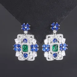 Retro High Quality Blue Crystal Love Flower Square Pendant Earrings for Women Engagement Design Jewelry Wedding Anniversary Gift