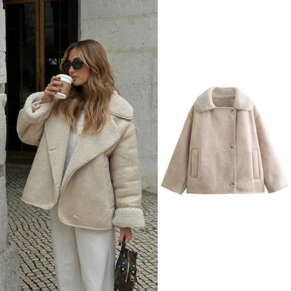 

PB&ZA2024 Autumn New Women's Casual Style Coat Flip Collar Double sided Loose Plush Warm Jacket for Women