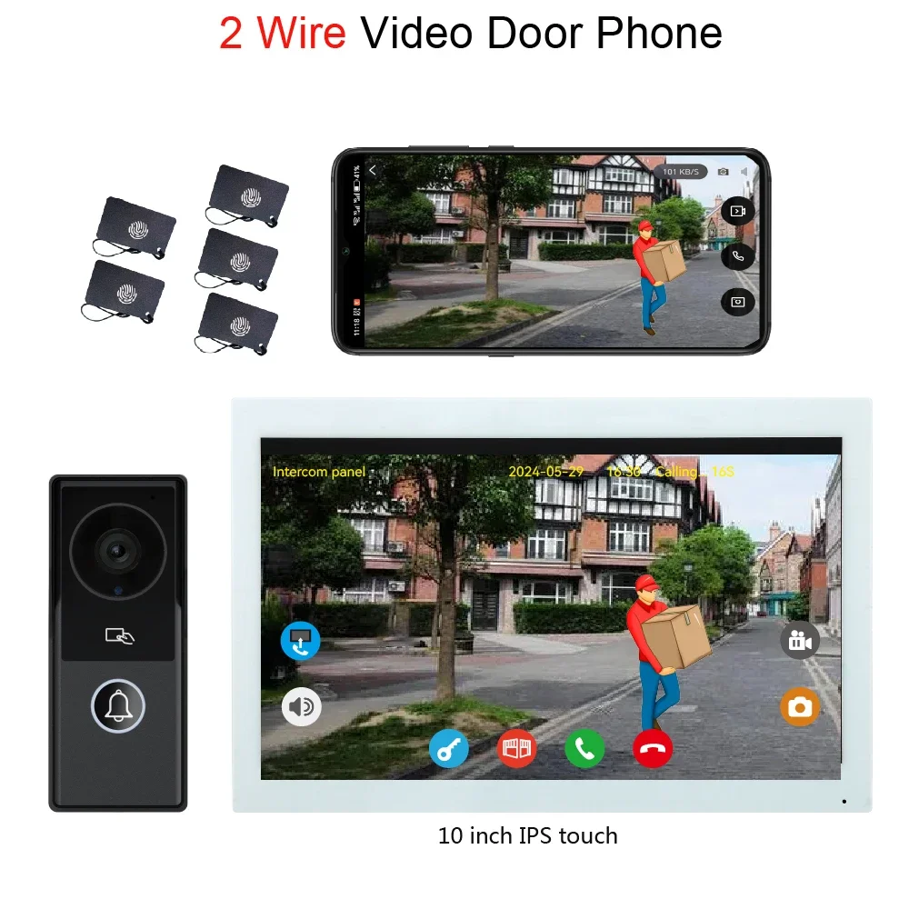 1Set 2Pin Cable Wire Video Door Phone System 7/10" IPS Touch Screen 2MP Camera 2.4G WiFi Smart Life APP Push Message IC Card