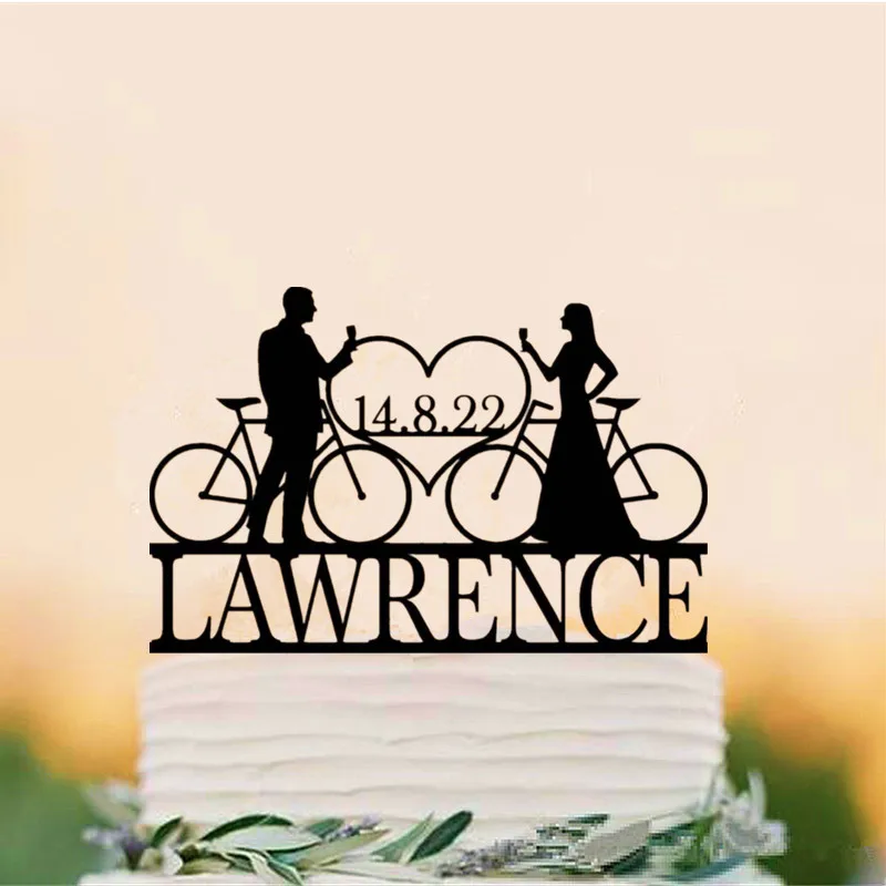 Bicycle Couple Cake Topper, Custom Surname Bicycle Wedding Cake Topper, Bike Rider Cake Topper, Wedd Calligraphy Cake Topper