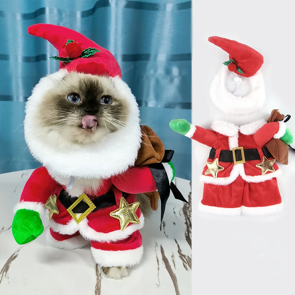 Dogs and Cats Cosplay Santa Claus Costume Pet Christmas Clothes Funny Puppy Coat Jacket Suit with Cap Winter Warm Clothing