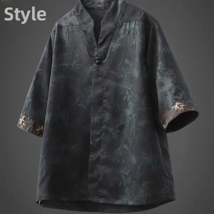 Chinese Style Casual Short Sleeve T-Shirt Thin Summer Wear for Men V-Neck Hidden Pattern Zhongshan Suit Half Sleeve