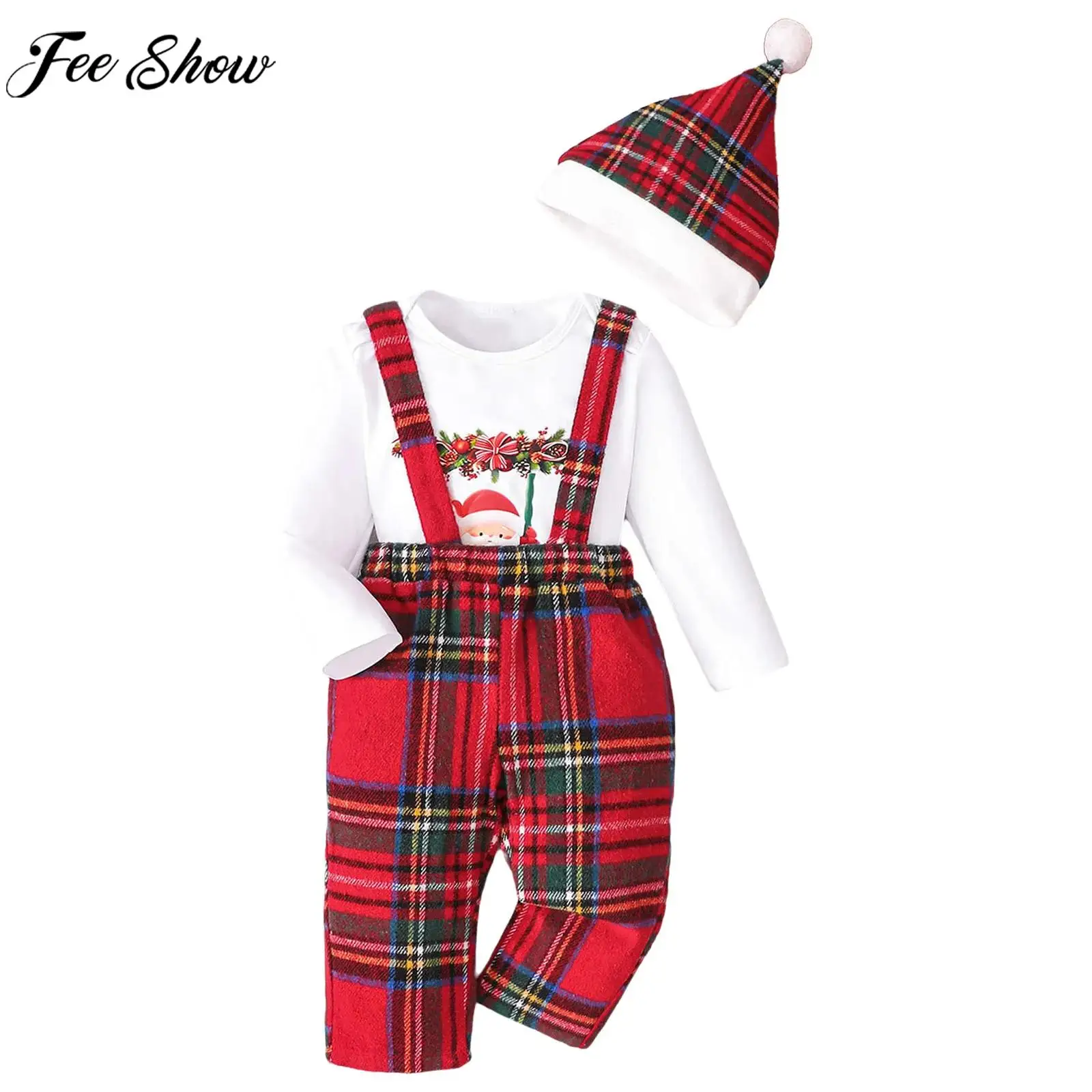 

Baby Boy Girl Christmas Costume Long Sleeve Santa Claus Print Romper with Plaid Overalls Hat for Xmas Cosplay Party Photography