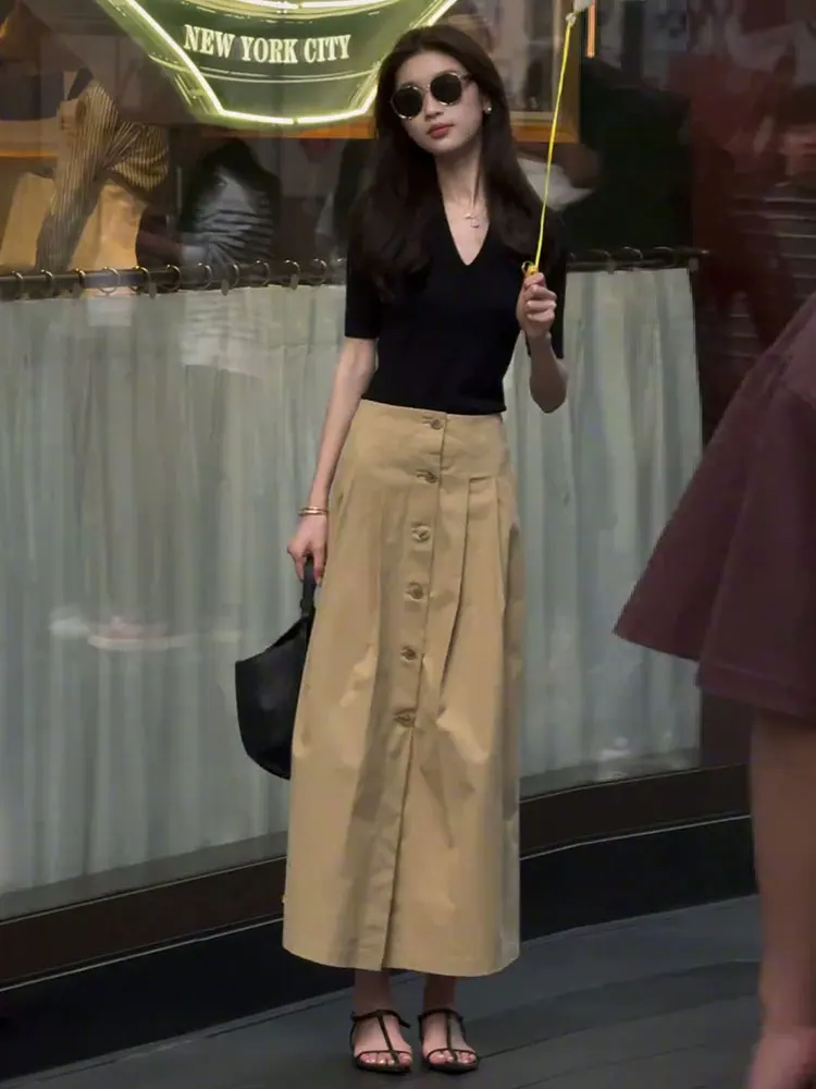 

Корейская юбка-миди трапециевидной формы с высокой талией, женская модная повседневная универсальная элегантная юбка высокого класса, весна-лето, новое поступление